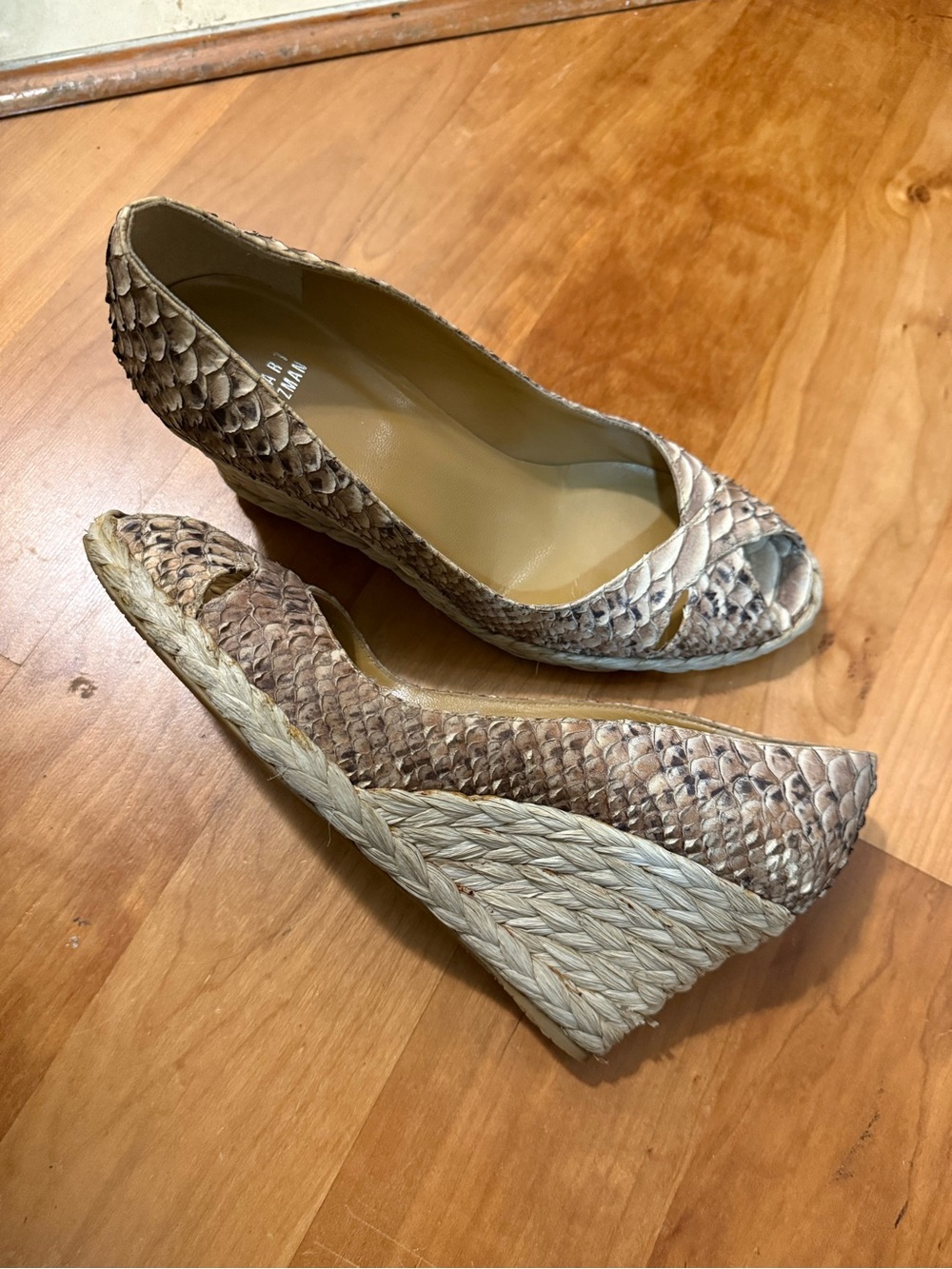 Stuart Weitzman Snake-skin Peep-Toe Straw Wedges